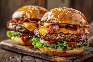 Poster - Two cheddar bacon burgers with garlic sauce on rustic bun