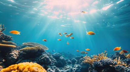 Wall Mural - Underwater Paradise: Sunbeams, Coral Reefs, and Fish