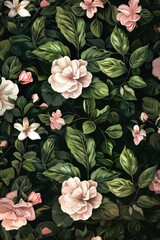 Poster - Floral Pattern, Blooming White and Pink Flowers with Green Leaves on Dark Background