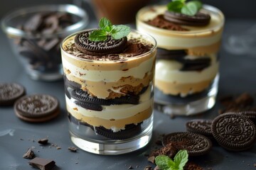 Sticker - Variation of American breakfast dessert Homemade Oreo trifle vanilla chocolate cookie layered cheesecake in a glass