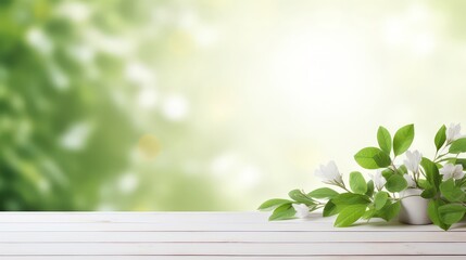 Wall Mural - White wooden table top with spring green leafs