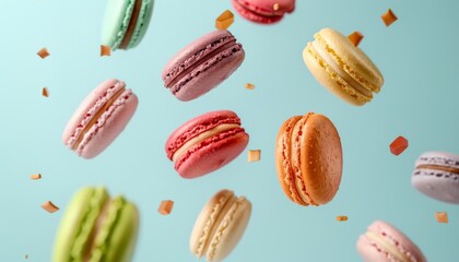 Sticker - Various macaroons in motion falling on a light blue backdrop Colorful and sweet French macaroons in motion