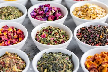 Sticker - Various types of dry tea displayed in white bowls including green black herbal mint ginger apple rose and fruity flavors