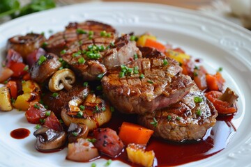 Poster - Veal steak with mushrooms veggies duck liver and red wine sauce