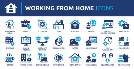 Working from home icon set. Containing remote work, work online, freelancing, home office, digital nomad, portfolio and more. Solid vector icons collection.