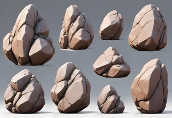 Collection set of big and long hard 3D rock boulder stone on white background 3