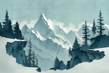 Minimalist mountain landscape illustration with a serene and tranquil atmosphere showcasing artistic simplicity and natural beauty