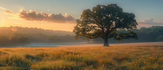 Wall Mural - Golden Hour Serenity: A Single Oak Stands Tall Amidst a Field of Wildflowers