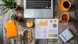 © improvee design - Top View of Financial Analysis Data Presentation Document with Laptop Pile of documents Coffee Cup Calculator on Work Desk for Business Marketing Report Concept. AI generated