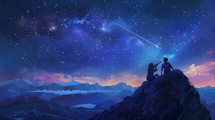Wall Mural - young couple watching the stars in the milky way sky over a mountain peak on a romantic evening. ai 