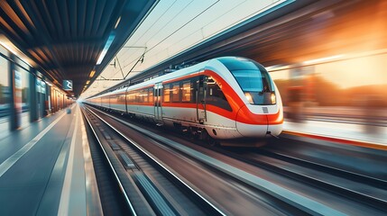 Wall Mural - High Speed ​​Red Electric Commuter Train with Train Departure Station Background for Modern Futuristic High Speed ​​Electric Train Transportation Technology Concept. AI generated