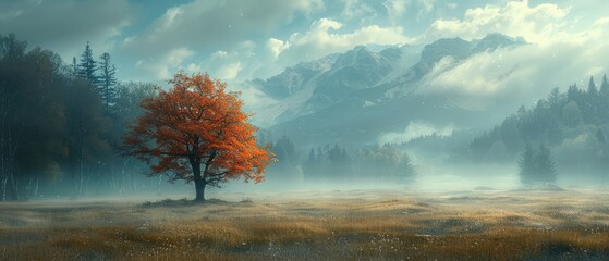 Wall Mural - solitary autumn tree in a misty mountain valley