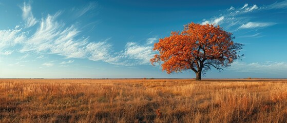 Wall Mural - Solitary Autumn Tree in a Vast Golden Meadow under a Sky of Whispy Clouds