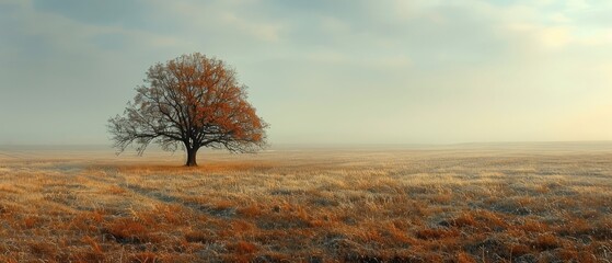 Wall Mural - solitary tree in a vast golden field at dawn