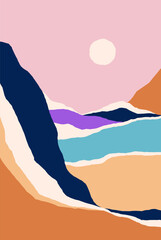 Fototapete - Abstract nature landscape card. Sun, sky, mountain in modern trendy geometric style. Colorful poster background, interior wall art design. Minimalist scenery. Colored flat vector illustration
