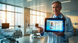 © Aliaksandra - A seasoned doctor standing in a modern, well-lit hospital room, holding a tablet displaying patient information