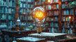 © Aliaksandra - A glowing light bulb placed on top of a stack of old books in a library setting
