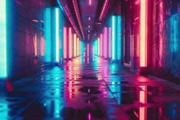 Wall Mural - Bright neon lights illuminate a hallway, casting a colorful glow on the walls and floor, Bright neon lights dancing in the darkness, AI generated