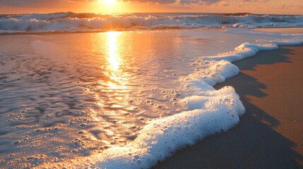 Wall Mural - Sunset beach with wet sand reflection foamy waves and room for text