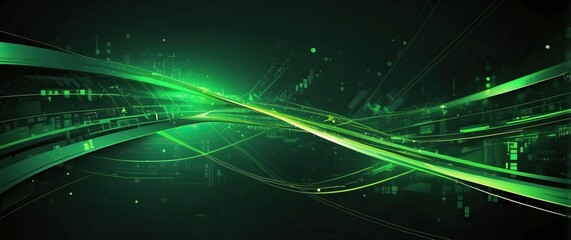 Wall Mural - A green, futuristic abstract background featuring flowing lines and a glowing digital wave, perfect for technology and innovation concepts or events