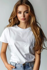 White tshirt mockup on woman model created with Generative AI