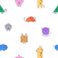 Aufkleber - Cute funny pattern design. Seamless background, geometric shaped animals in comic kids childish style. Repeating print, texture for textile, fabric, wrapping, wallpaper. Flat vector illustration