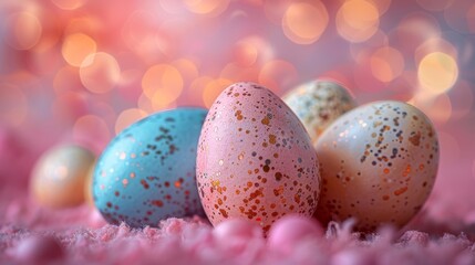 Colorful easter eggs with bokeh background - generative ai