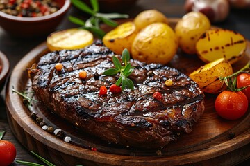 Wall Mural - Succulent beef steak, roasted potatoes, and crisp veggies on rustic table.