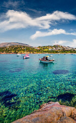 Sticker - Splendid spring view of the Nuevo Loca Beach. Sunny morning seascape of the Aegean sea, Palaia Fokaia location, Greece, Europe. Beauty of nature concept background.