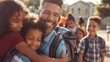 © Daria Lukoiko - A father warmly hugging his children outside their school building, with other kids in the background, highlighting the importance of familial support and the joy of starting the school day together