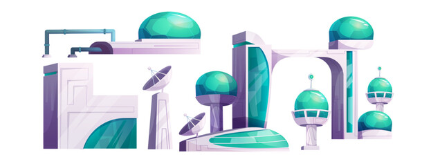 Wall Mural - outer space alien planet station or colony buildings. cartoon vector illustration set of futuristic 