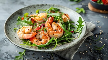 Poster - Seafood salad on plate with arugula and sesame seeds