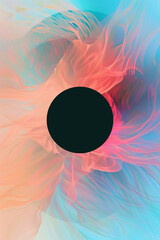 Wall Mural - an abstract image featuring a central black circle surrounded by vibrant, swirling colors in blues, pink and peach, flat illustration, modern trendy design poster