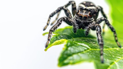 Macro picture of a spider with a web with large eyes and paws.