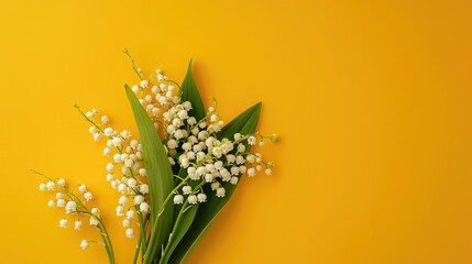 Sticker - Lily of the valley flowers bouquet on yellow background top view with copy space