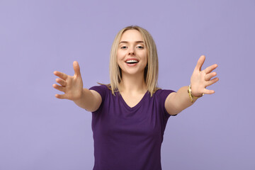 Poster - Young woman opening arms for hug on lilac background