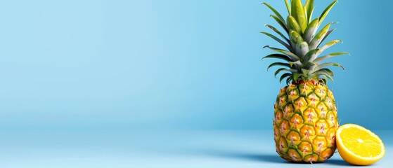  A tight shot of a pineapple section and a lemon slice against a blue backdrop, surrounded by a lighter blue hue