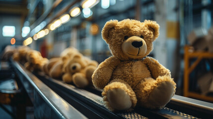 brown teddy bear on onveyor, manufacturing, doll factory, toy