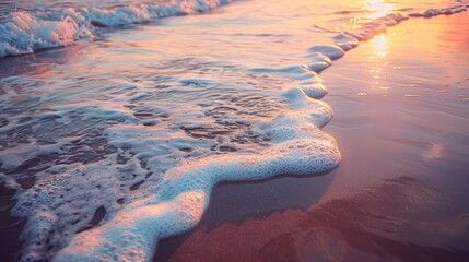 Wall Mural - Sunset beach with wet sand reflection foamy waves and room for text