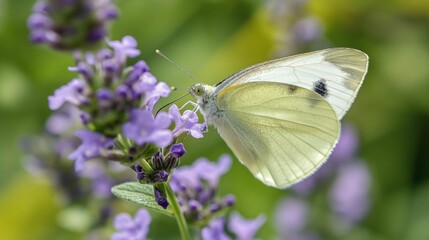 Poster - Close-up of a white butterfly on a purple flower in a garden