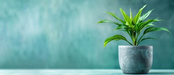 Wall Mural -  A potted plant atop a table, before a blue-green wall in a room