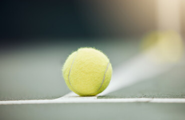 Poster - Tennis, ball and equipment on ground at court for sports game, tournament and competition. Outdoor, practice and nature with fiber texture of sphere for match, training and activity in Paris