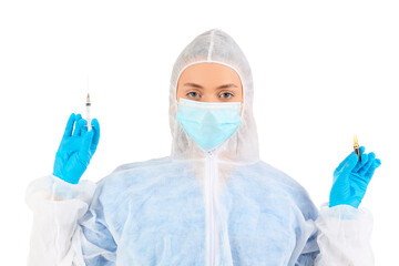 Canvas Print - Medical worker in protective suit, with ampule and syringe on white background. Vaccination concept