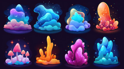 Realistic illustrations of star clouds and mushrooms with firework patterns in modern isolated designs.