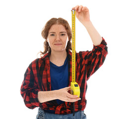 Wall Mural - Pretty young woman with measuring tape on white background