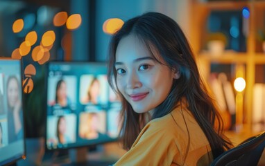 Wall Mural - A woman is sitting in front of a computer with a smile on her face. She is wearing a yellow shirt and is looking at the camera