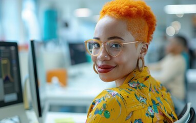 Wall Mural - A woman with orange hair and glasses is sitting at a desk with a computer monitor in front of her