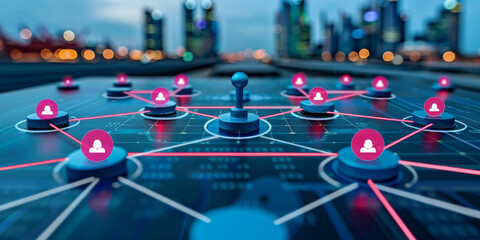 Abstract network connections with colorful nodes on a dark backdrop, symbolizing connectivity and technology. 