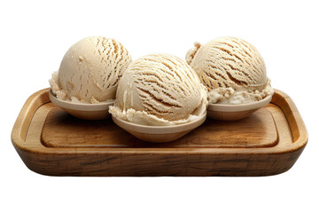 Azelnut ice cream on a wooden tray isolated on transparent background