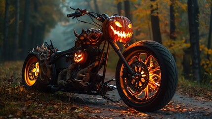 Canvas Print - For the night celebration a terrifying jack o pumpkin motorbike